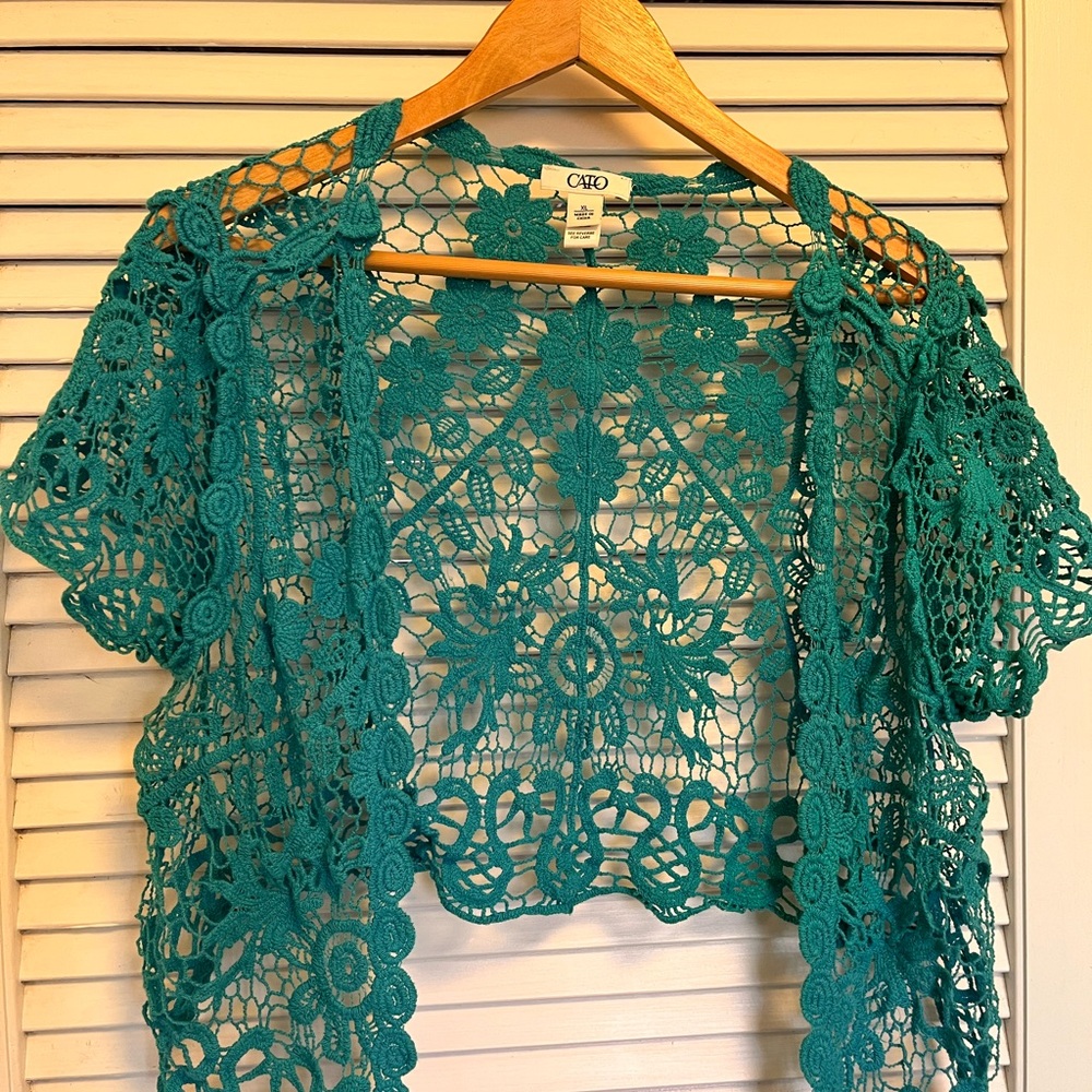 Cato Teal Floral Crochet Openwork Cardigan Boho, Cottage, Grandma core